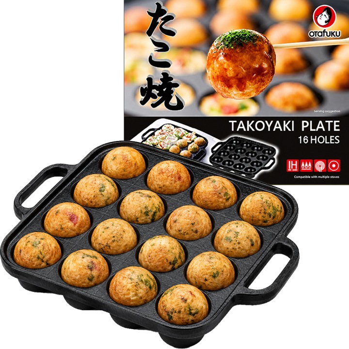 Litinová pánev na japonské kuličky Takoyaki 16 otvorů 23 cm x 18 cm
