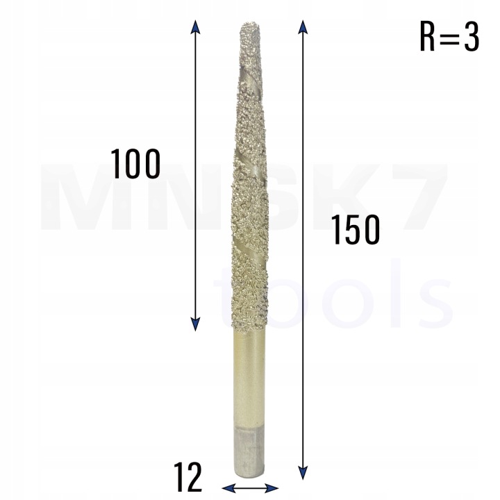 Diamantová fréza kuželová pro 3D granit R 3 12 × 100 × 150 Cnc