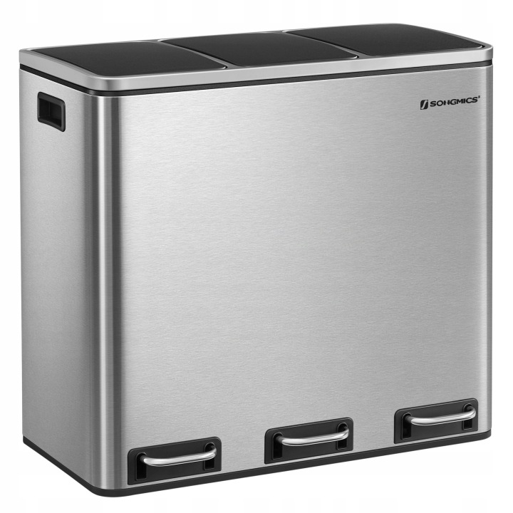 Objemný stříbrný koš na odpadky z oceli, 3 komory x 18 l pro třídění