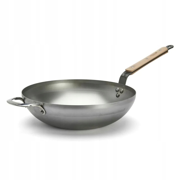 Wok de Buyer Mineral B Bois 32 cm ocel, uhlíková rukojeť, bukové dřevo