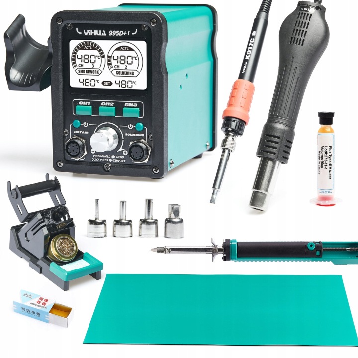 Yihua 995D+-I pájecí stanice 2v1 hotair s elektrickým odsáváním a podložkou