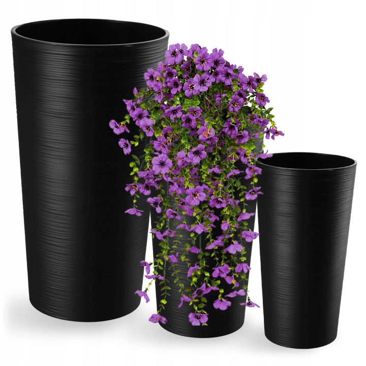 3ks Květináč 37+47+57 cm Vysoká Vložka Velký Černý Set