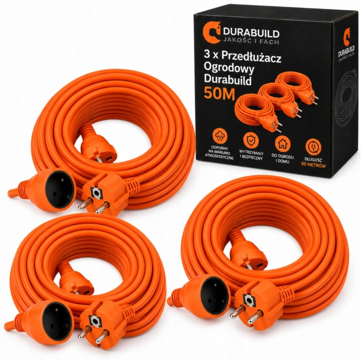 3x Prodlužovací Kabel 50M Zahradní Stavební Oranžový 2x1,5mm Durabuild Sada