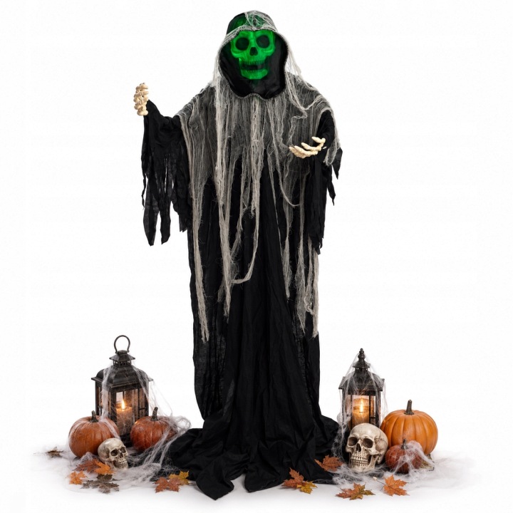 Velká dekorace Pohyblivá figurka Halloween Kostra Kostucha postava 183 cm