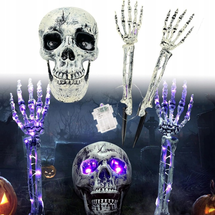 Halloween Dekorace Ruce Kostlivce 2 Ruce A Lebka Fialová Světla