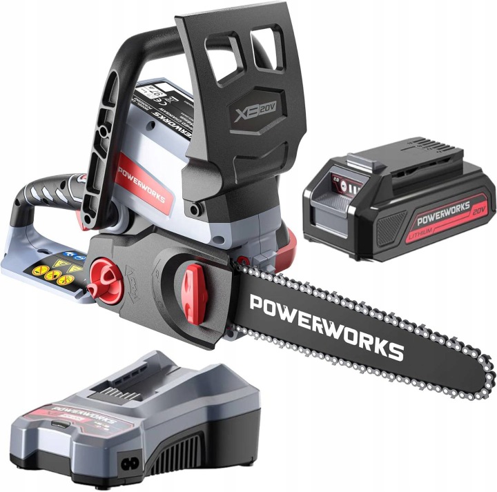 Aku Řetězová Pila 25CM 20V 2Ah 3.5m/s Nádržka na olej Powerworks