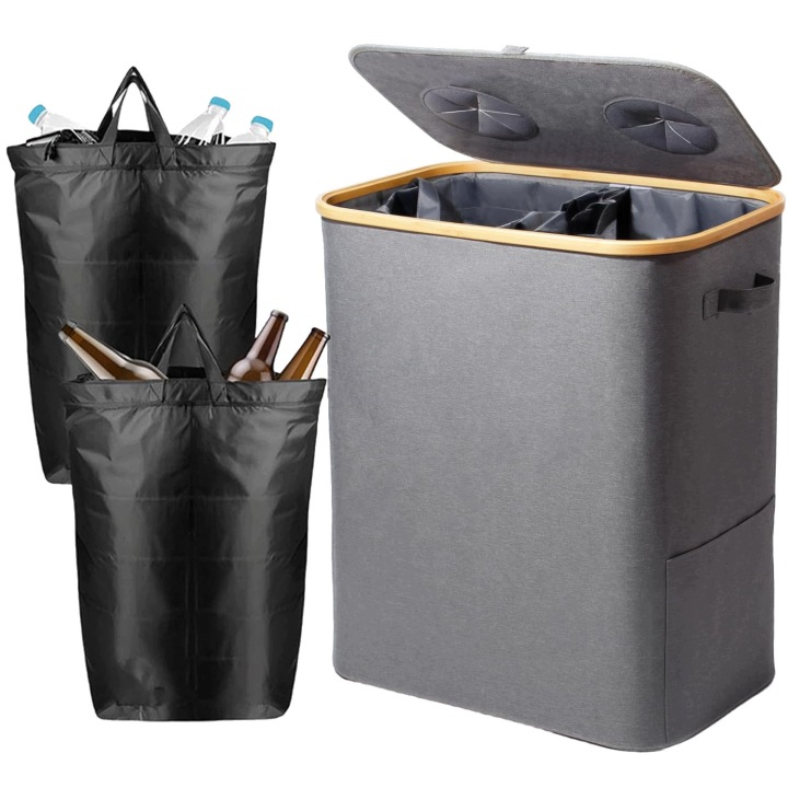 140L koš Nádoba na recyklační lahve s víkem a 2 sáčky, skládací
