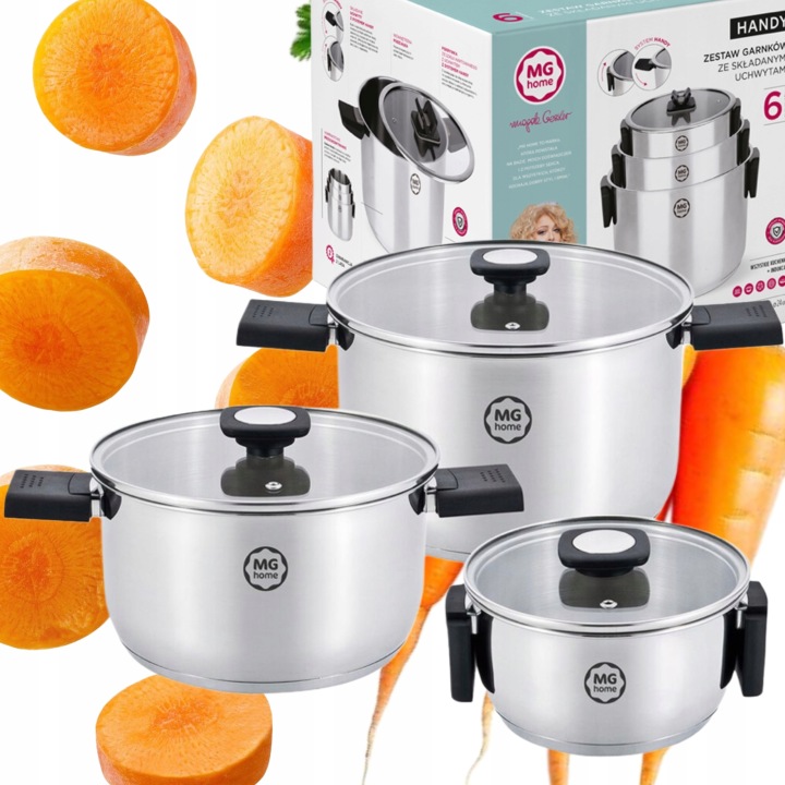 Mg Home Handy Sada 3 Ocelových Hrnců Se Skládacími Rukojeťmi Indukce
