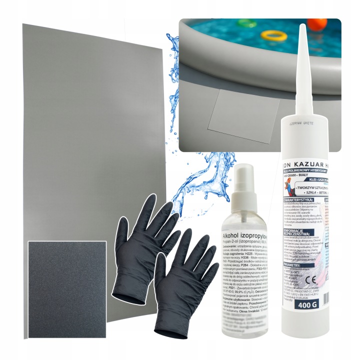 Sada na opravu do bazénu Pvc Šedá záplata 50x27 cm Polymerové lepidlo 400 g