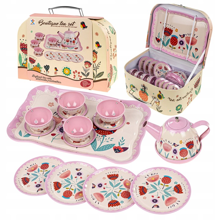 METAL TEA SERVICE FOR CHILDREN COFFEE SET CUPS + CHEST
