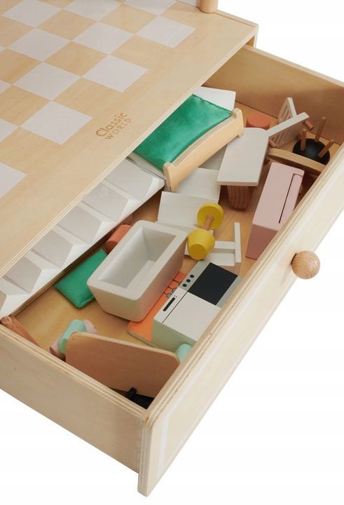 DUŻY DREWNIANY PIĘTROWY DOMEK DLA LALEK Z MEBELKAMI 2 FIGURKI CLASSIC WORLD Głębokość produktu 33.3 cm