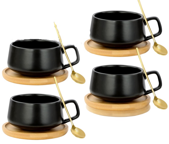 Šálky Na Cappuccino 320 ML S Podšálky A Lžičkami, 4 Ks, Černé