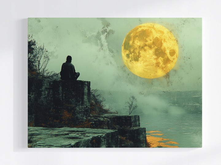 Plakát Člověk Skály Voda Měsíc Noc Meditace 100x75