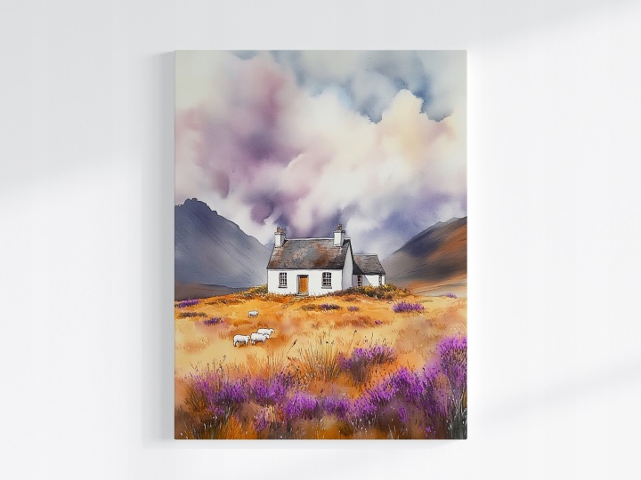 Plakát Krajina Skotsko Highland Hory Dům Vřesy Ovce 75x100