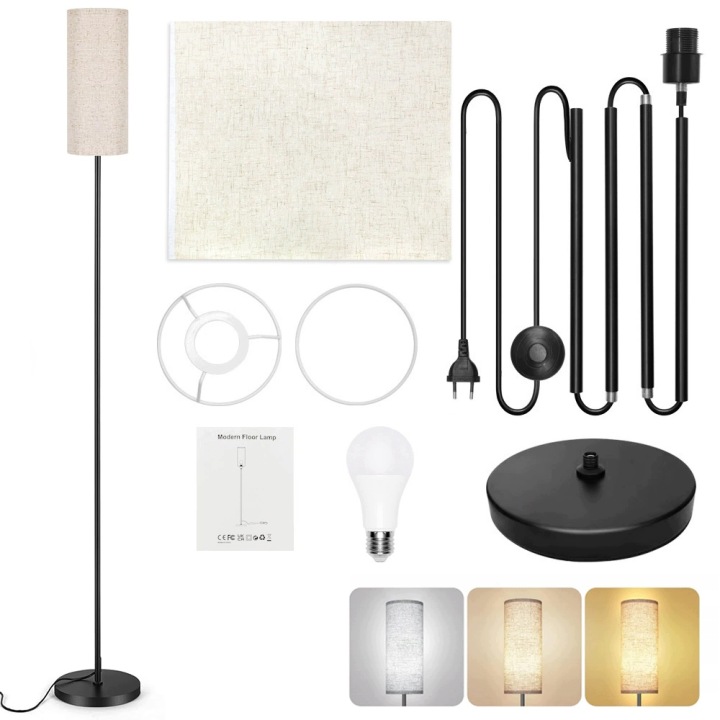Stojací Lampa Podlahová Lampa S Žárovkou E27 Noční Lampa Lněné Stínidlo