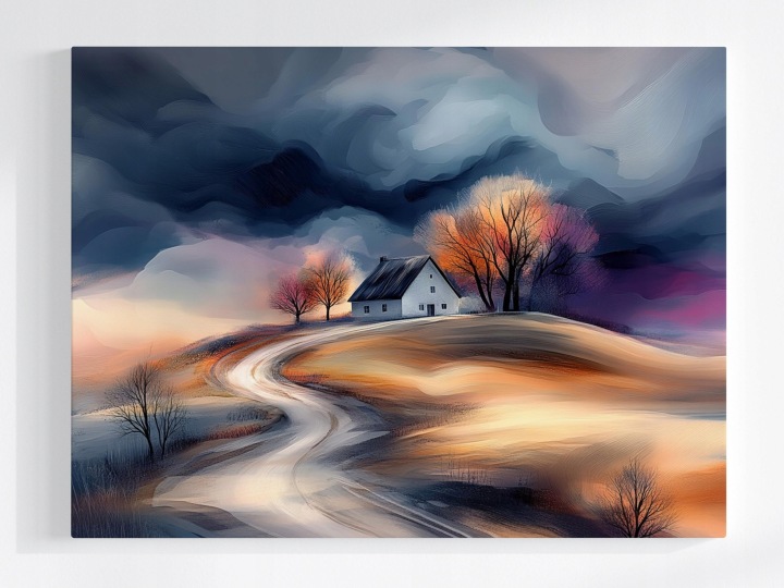 Plakát Krajina Pagórek Vesnice Dům Dřevo Mraky Bouře 100x75