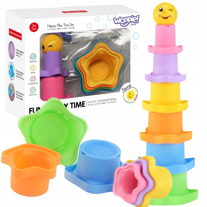 PIRAMIDKA KUBECZKI SENSORYCZNE UKŁADANKA KSZTAŁTY ROZMIARY PIŁECZKA WOOPIE