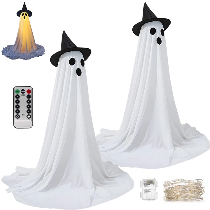 2 ks Sada duchů na Halloween 8 režimů svítící Duch bílý s čepicí