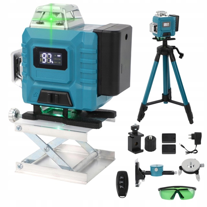Laserový Křížový Nivelační Přístroj 360° Zelený Plochý Laser 4D 2xAKU Stativ