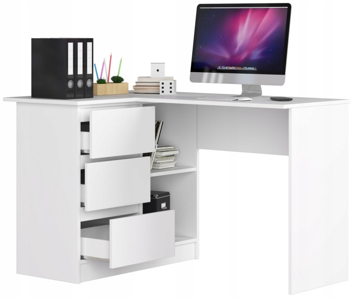 Rohový psací stůl B16 Levý, bílý, 3 zásuvky, 124 cm Akd
