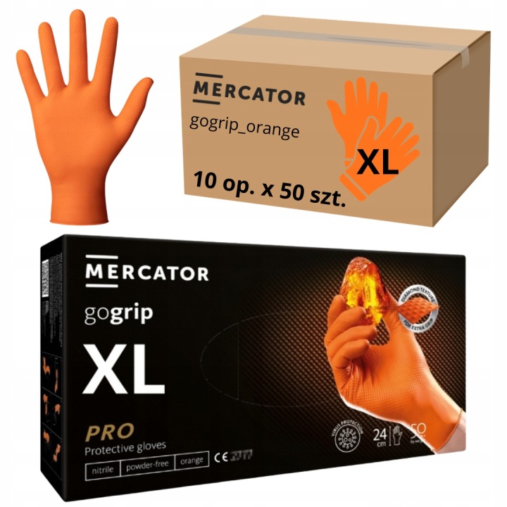 Rukavice Mercator Gogrip Nitrilové silné Oranžové 50 Ks r.XL x 10ks
