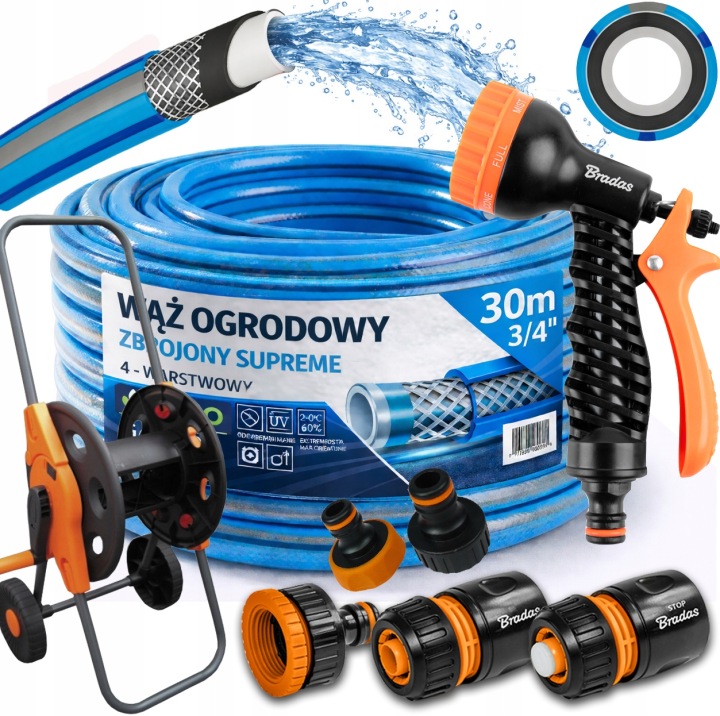 Hadice Zahradní Gumová 3/4" 30m 4 Vrstvy Supreme Pistole Vozík Sada Bradas