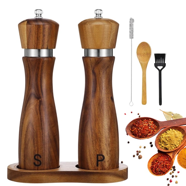 Ruční mlýnek na pepř a sůl s podstavcem, silný dřevěný set X2