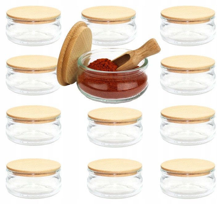 12 x Nádoby na koření elegantní sklo 210 ml dřevěné víko