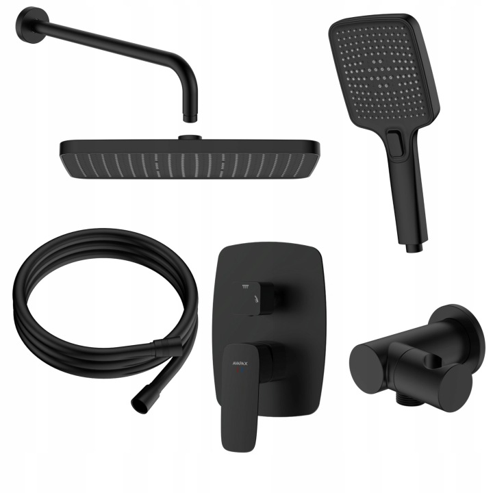 Sprchový set pod omítku s dvoufunkční baterií, černá, sprchová hlavice, hadice