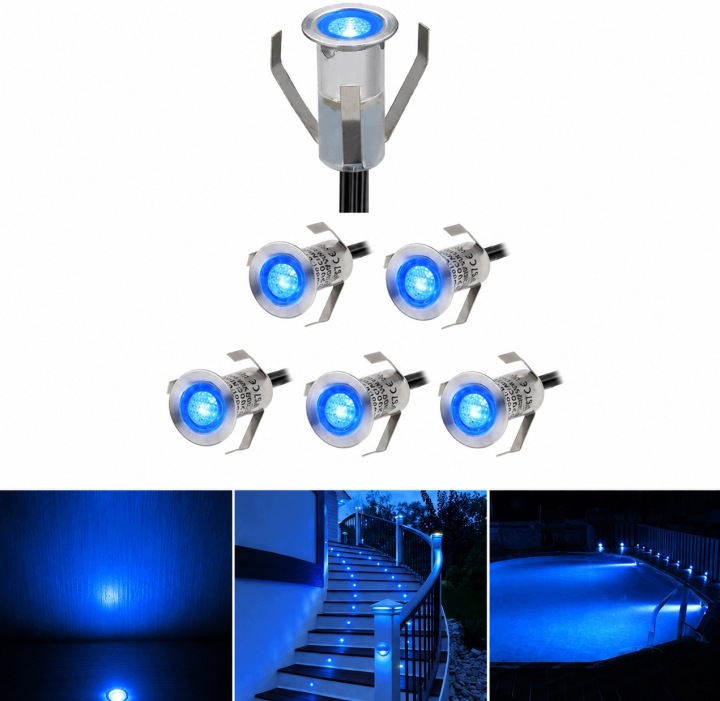 Led terasové lampy schodišťové IP67 modré 12V, sada 6 ks