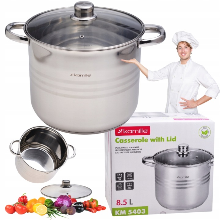 Hrnec Velký ocelový kotel 8,5L Hrnec na vývar bigos Plyn/indukce Kamille