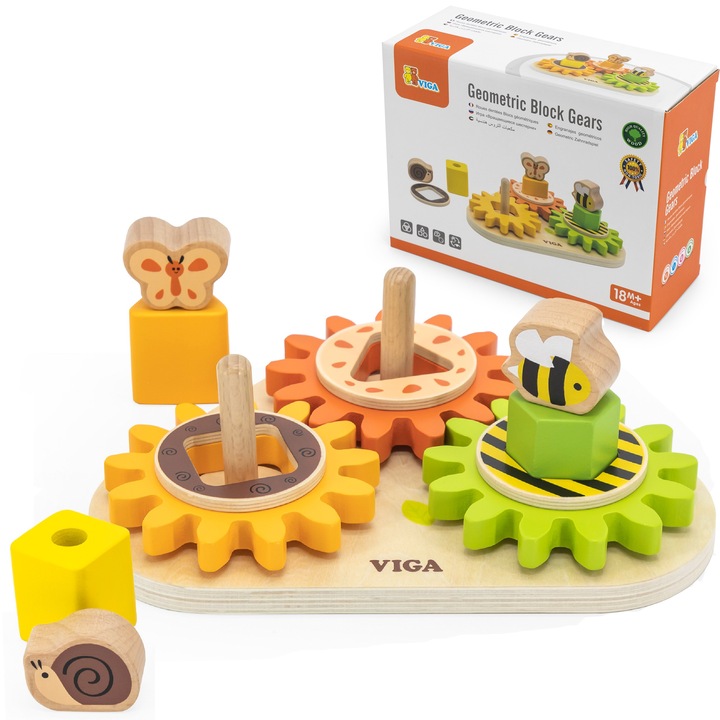 VIGA MONTESSORI UKŁADANKA DREWNIANA KOŁA ZĘBATE KLOCKI ZWIERZĄTKA SORTER