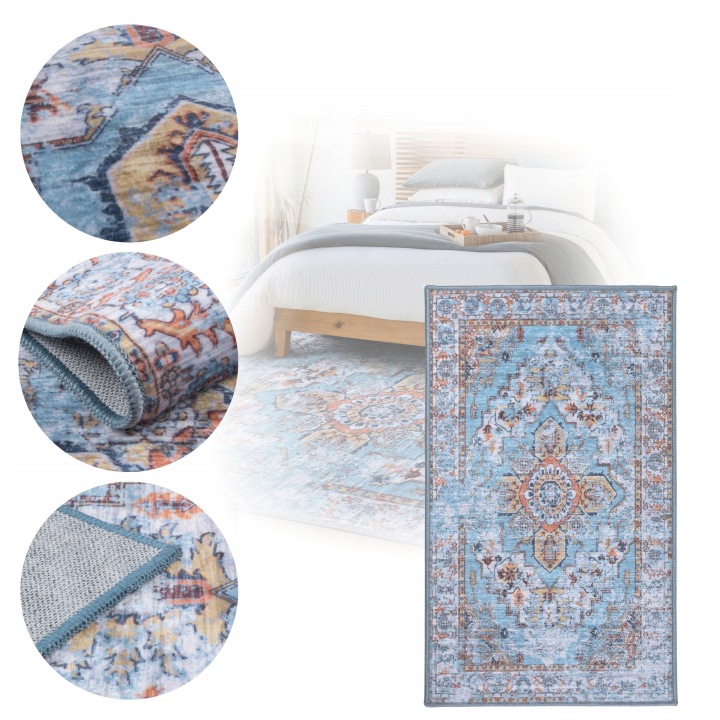 Koberec Orientální Velurový 60x100 cm Velvet Protiskluzový Skládací Modrý