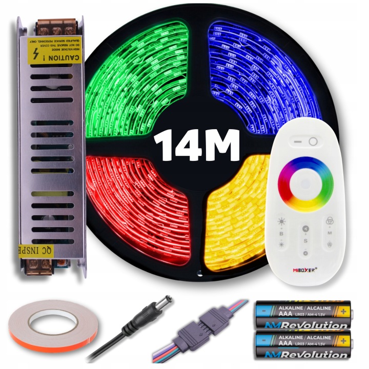 Set Led pásek Rgb barevný teplý bílý s dálkovým ovládáním a napájecím zdrojem 14M 12V