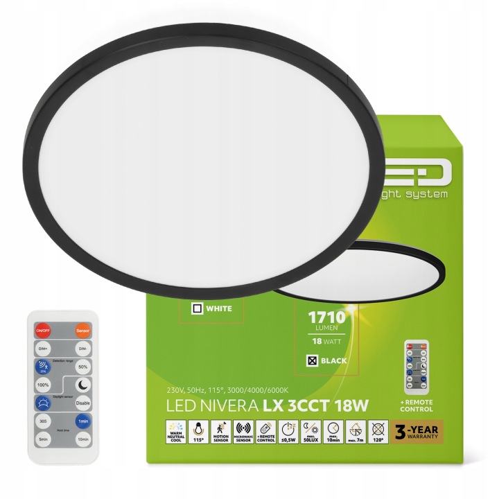 Stropní Svítidlo Led lampa 18W IP54 3CCT Snímač pohybu a soumraku Černá