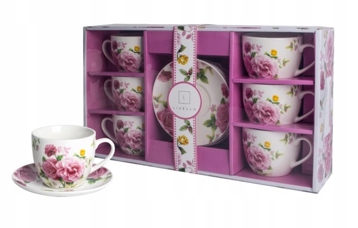 Porcelánové šálky s květinovými růžemi 6+6 250 ml premium porcelán šálek