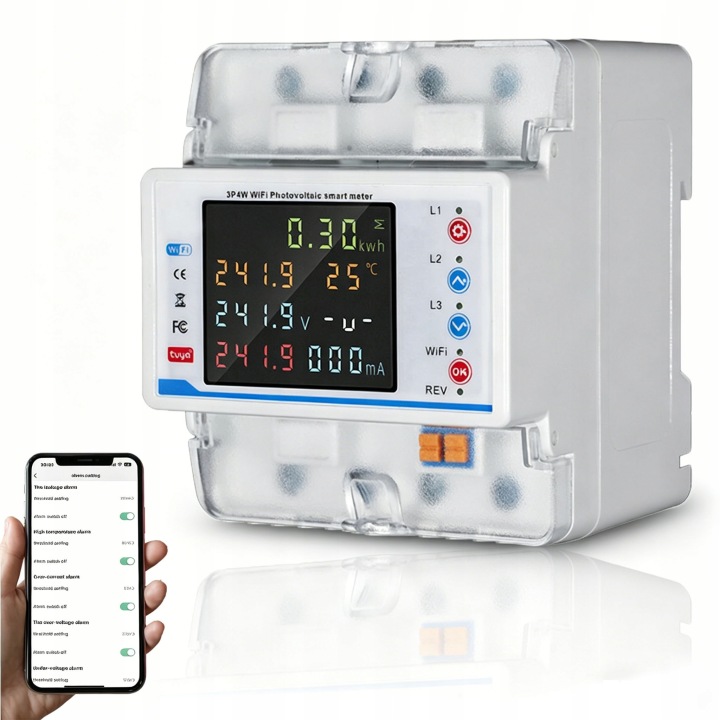 Měřič energie 3-fázový 100 A WiFi Din 35 mm obousměrný LCD