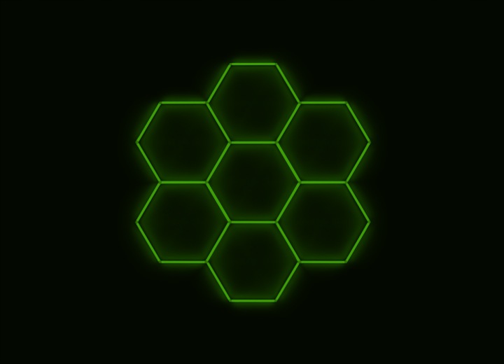 Kompletní Led hexagonové svítidlo zelené, rozměr 7 elementů 238 x 252 cm