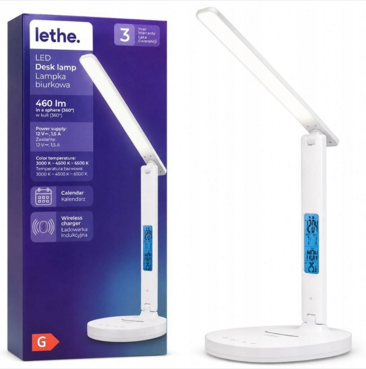 Led stolní lampa s indukční nabíječkou, hodinami a kalendářem Bílá