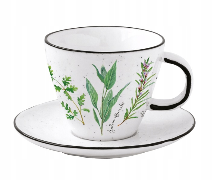 Elegantní Šálek s podšálkem 250 ml Boho Retro Bylinky Bílá Černá