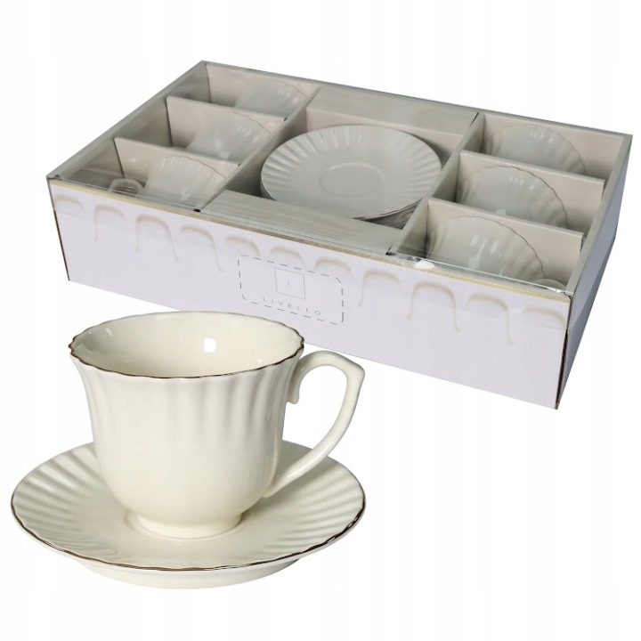 Porcelánové šálky Plisse Bílo Zlaté 250 ml 6 Ks. Podšálky 14 cm MR6-14