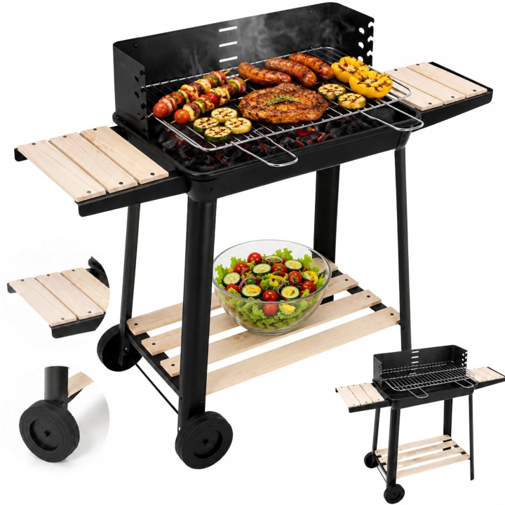 Zahradní Gril Na Uhlí Bbq Na Kolečkách, Velký Rošt, Police, Přenosná Kolečka