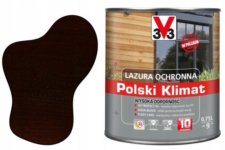 Ochranná lazura Polský Klima Vysoká odolnost Tmavý ořech 0,75 L V33