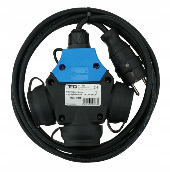 T-rozdělovač Prodlužovací Kabel Stavební Gumový 250V 16A 3 Metry 3 X 1,5MM IP44