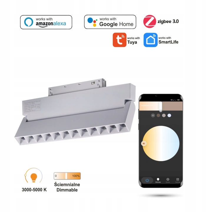 Lineární reflektor Regulovatelný Bílý Led Zigbee Grille 12W Smart Track 48VDC