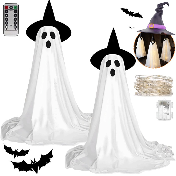 8 režimů Svítící duch s čarodějnickou čepicí pro halloweenskou párty