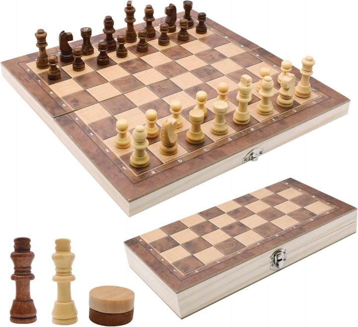Dřevěné Šachy 3V1 Šachy Vrhcáby Skládací Cestovní Triktrak 29 cm