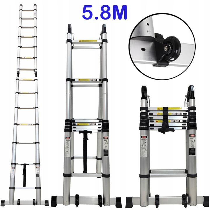 Hliníkový teleskopický žebřík rámový A 5,8 m 150 kg kloubový 2x7 s kolečky