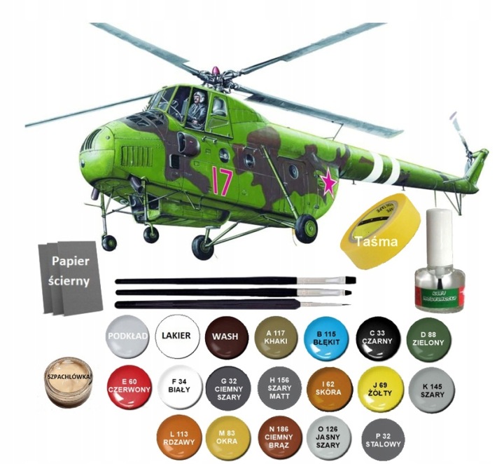 MODEL radzieckiego śmigłowca MIL Mi-4 + набір фарб, лак, клей, пензлики