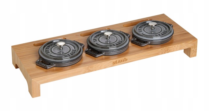 Staub bambusová podložka na 3 mini cocotte 10 cm, stojan 42 x 16 cm